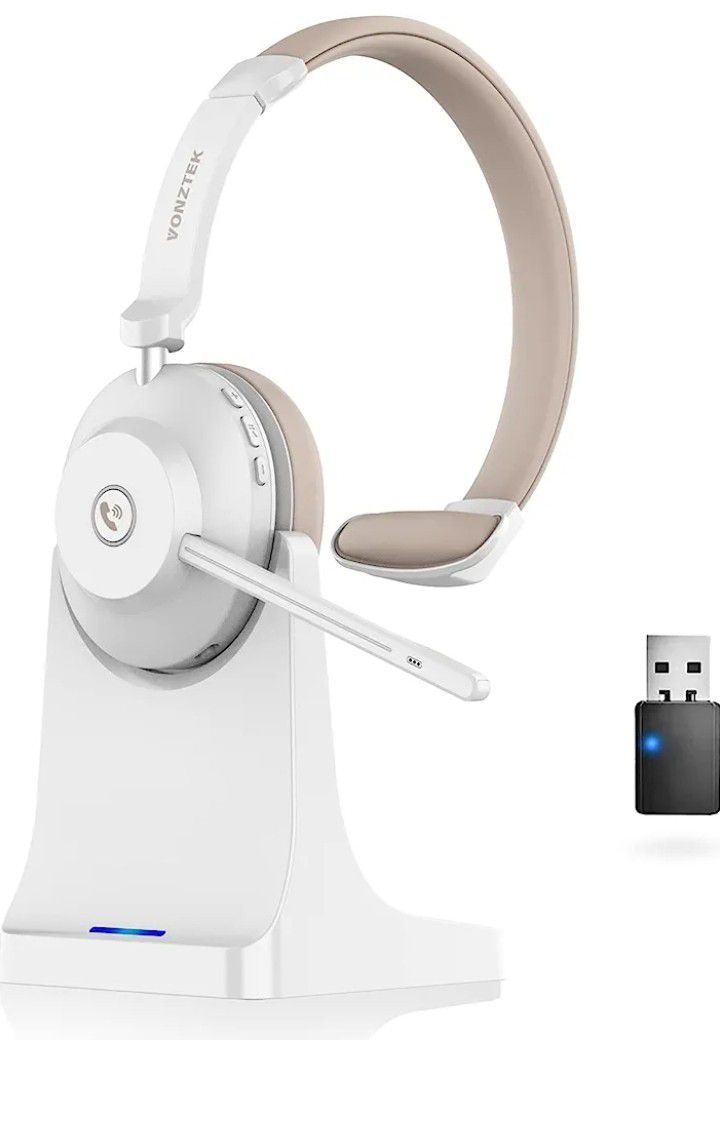 Bluetooth Headset, Wireless Headphones with Microphone Noise Canceling & USB Dongle, Wireless Headset with Mic Mute & Charging Base for Computers PC/P