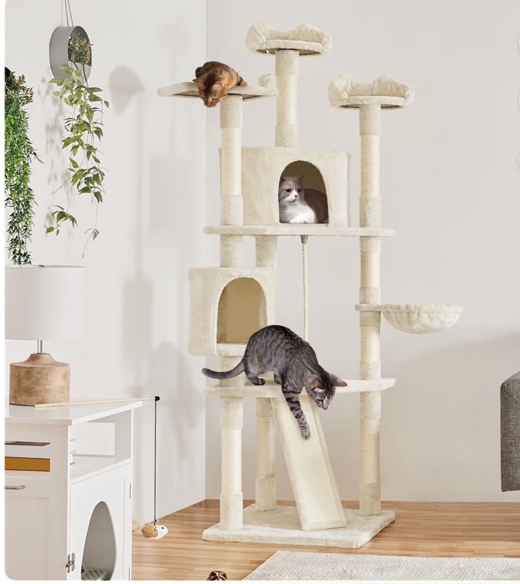 79" Multilevel Cat Tree Condo with Basket & Scratching Posts & Ramp, Beige