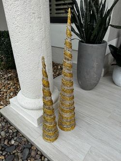Gold Glitter Cone Christmas Tree Decorations Set of 2