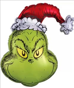 29-inch foil balloon shaped like the Grinch's head wearing a Santa hat.