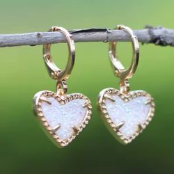 14k gold plated White Crystal Heart Hoop Dangle earrings
