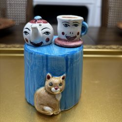 Vintage Alco Tea Pot And Tea Cup Salt And Pepper Shakers With Cute Cat 