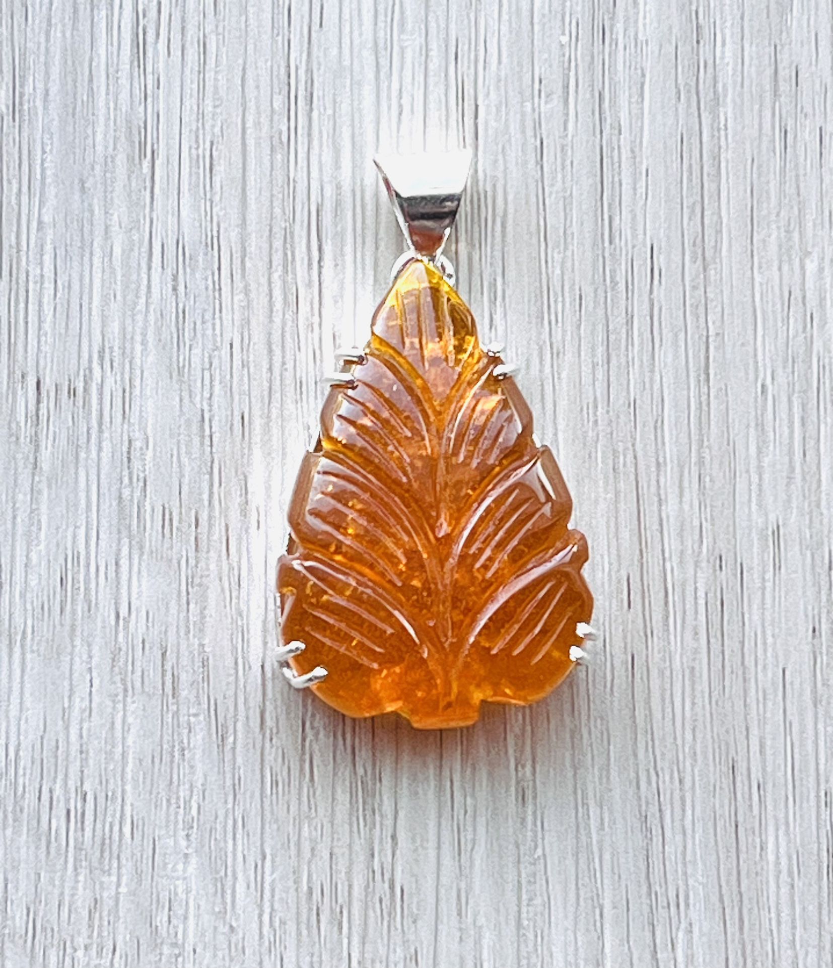 Carved Amber Leaf Sterling Silver Necklace 2” Pendant