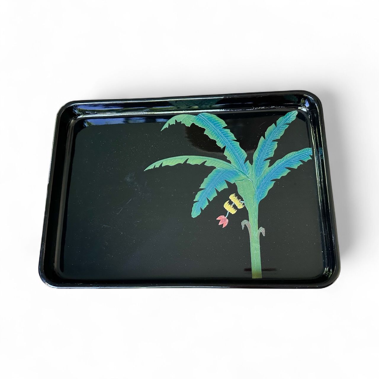 Vintage Japanese Lacquer Serving Tray Black Banana Tree Plant Japan Okinawa Decor Collector