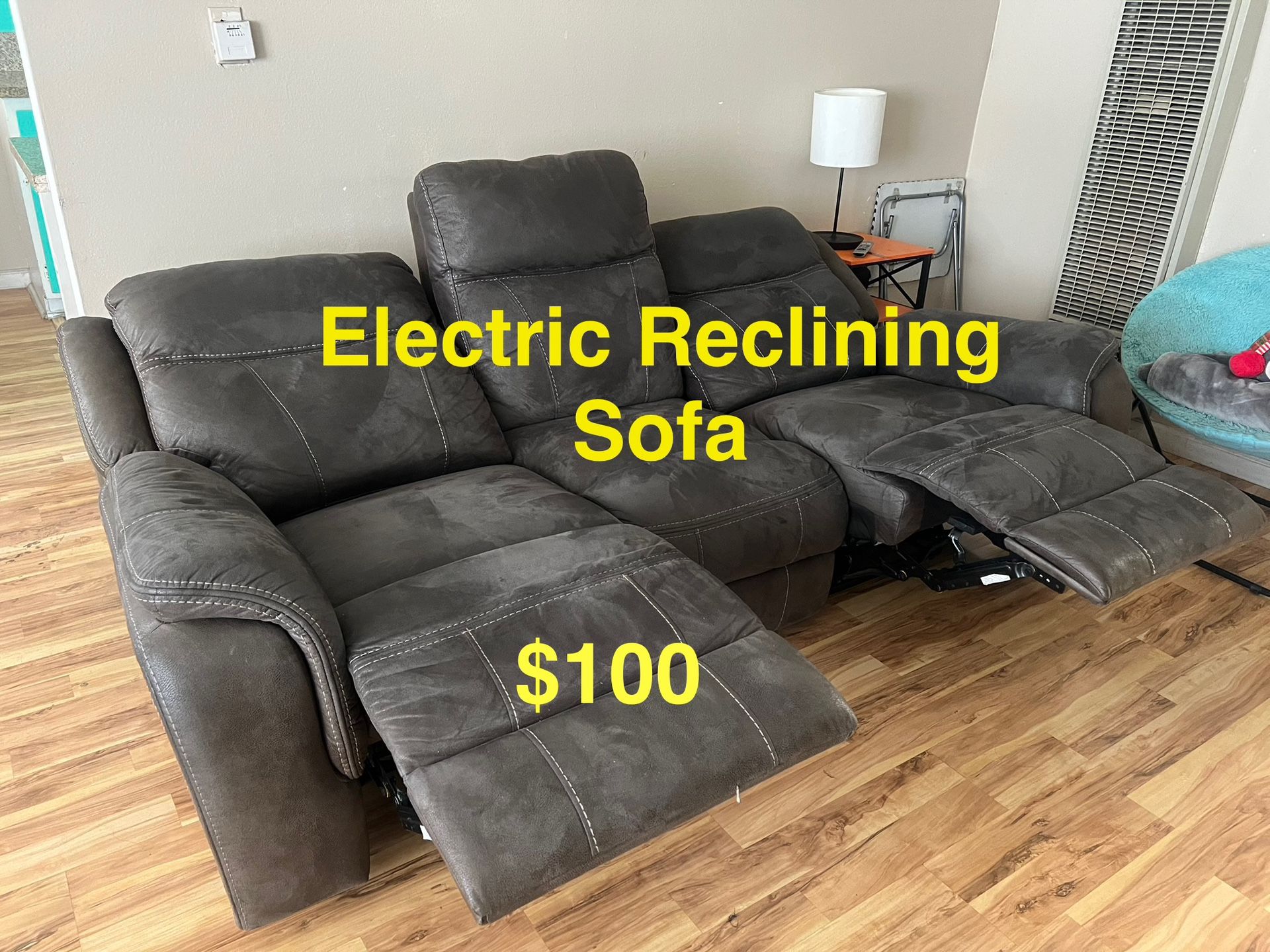 Sofa Couch Recline Reclining Electric Brown Grey Suede