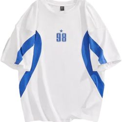 L size Sports T-Shirt with Star 98 Logo, White and Blue Color Scheme, Short Sleeves