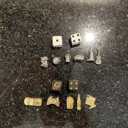 Lot of 10 Monopoly Silver & Gold Tone Pawn Tokens and 4 Dice