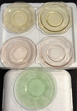 Vintage Federal Glass Co. “MADRID & PATRICIAN” patterns in amber, pink, and green colors - set of 5
