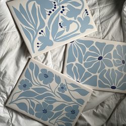 Set of 3 Blue Floral Canvas Wall Art