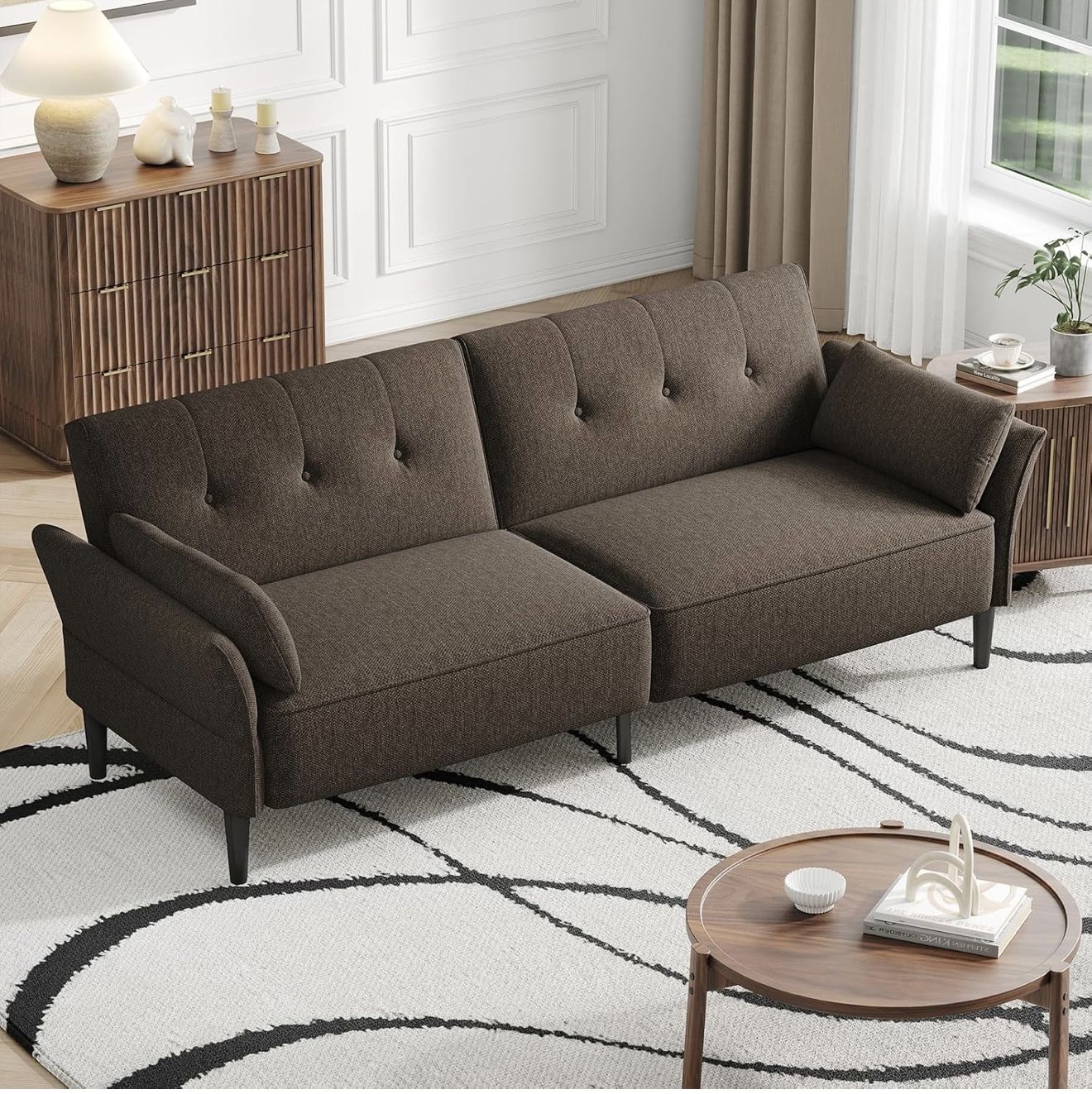 Brown Linen Futon Sofa Bed
