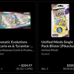 prismatic evolution's lucario & tyranitar box , unified minds pikachu blister