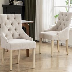 Wingback Upholstered Dining Room Chairs With Tufted Buttons - Cream Linen