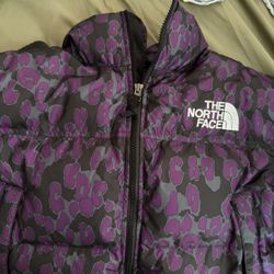 New! The North Face Nuptse Short Down Puffer Jacket Cropped Purple Leopard Size S