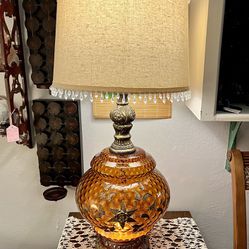 1970’s Brass And Amber Honeycomb GIass Accurate Casting Inc 3 Way Lamp (Shade Not Included)