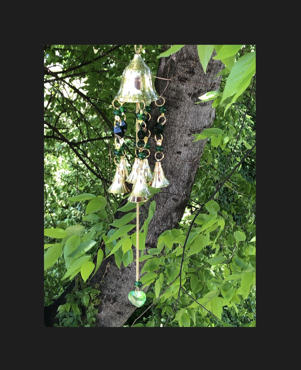 Chakra Colored Translucent Deep Green Beads & Brass Bells Wind Chime Sun Catcher Mobile
