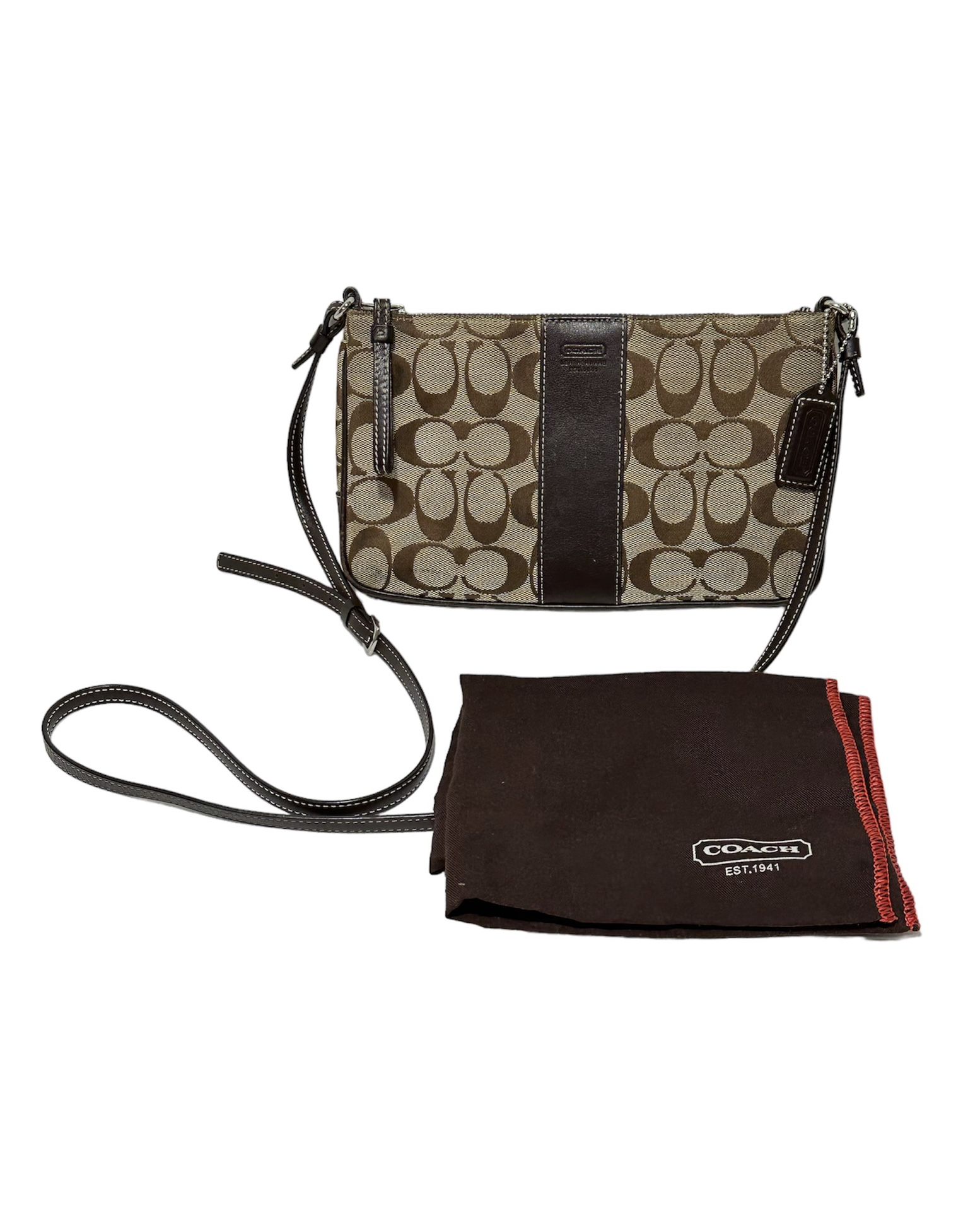 Coach G3J-6338 ~ Brown / Tan Signature Canvas Leather Jacquard Small Crossbody