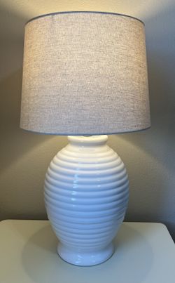 White Table Lamp with Linen Texture Shade in Khaki