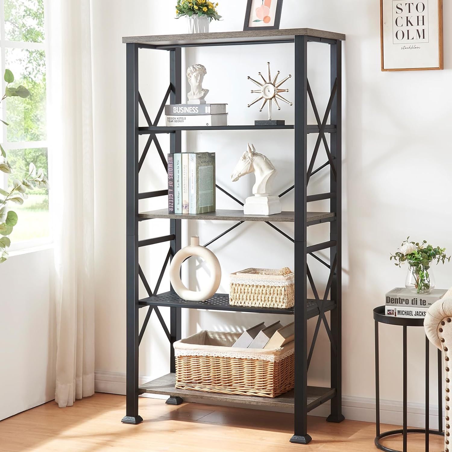 Bookshelf, 5-Tier Industrial Bookshelf, Etagere Bookcases and Bookshelves, Tall Bookshelf Storage Organizer, Freestanding Bookshelf for Living Room, B