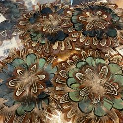 4 PEACOCK  FEATHER PADS Rare New Pads; Headband/Hats/Craft/5” Coaster/Decor NIP