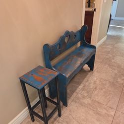 Rustic Cobalt Blue Bench And Side Table
