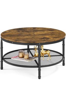 Topeakmart Rustic Round Coffee Table Modern Vintage Furniture w/Iron Mesh Open Storage Shelf for Living Room