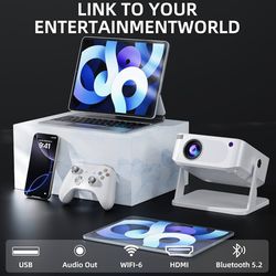 Mini Projector with WiFi 6 and Bluetooth 5.2, Portable Projector 4K Support, Auto Vertical Keystone 270° Rotatable, Compatible with Smartphone/TV Stic