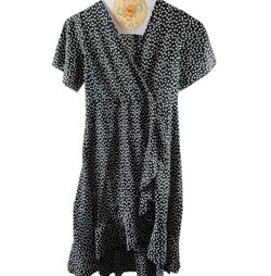 Women’s Black White Daisy Floral Wrap Midi Dress Size M Boho Cottagecore