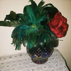 VINTAGE IRIDESCENT GLASS MOSAIC PARTYLITE PARTY LITE TEALIGHT CANDLE HOLDER BEADED PEACOCK FEATHER FLOWER ARRANGEMENT ROSE TABLE DECOR 