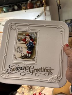 Christmas plate Grasslands Road Santa and boy Seasons Greetings 