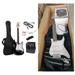 RockJam Electric Guitar Superkit with 10-watt Amp, Gig Bag, Picks & Online Lessons 6 String Pack, Right, Black, Full (RJEG03-SK-BK)