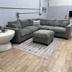 New Gray Corduroy Sectional Sofa With Ottoman (Delivery Available)