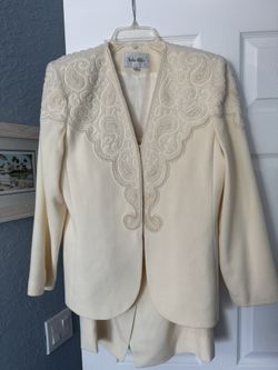 Vintage Nolan Miller Cream Embellished Skirt Suit - Size 12
