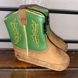 John Deere Brown Green Leather Cowboy Boots Size 4 Style JD0186