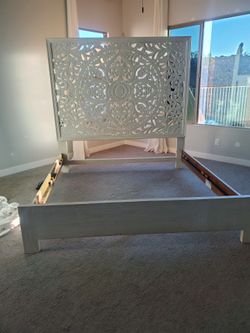 Gray Wood Bed Frame with Carved Headboard