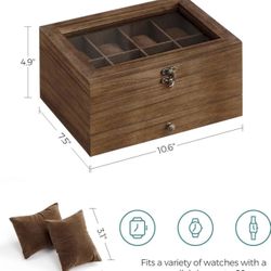 SONGMICS 8-Slot Watch Box 2-Tier Display Case with Large Glass Lid - Rustic Walnut