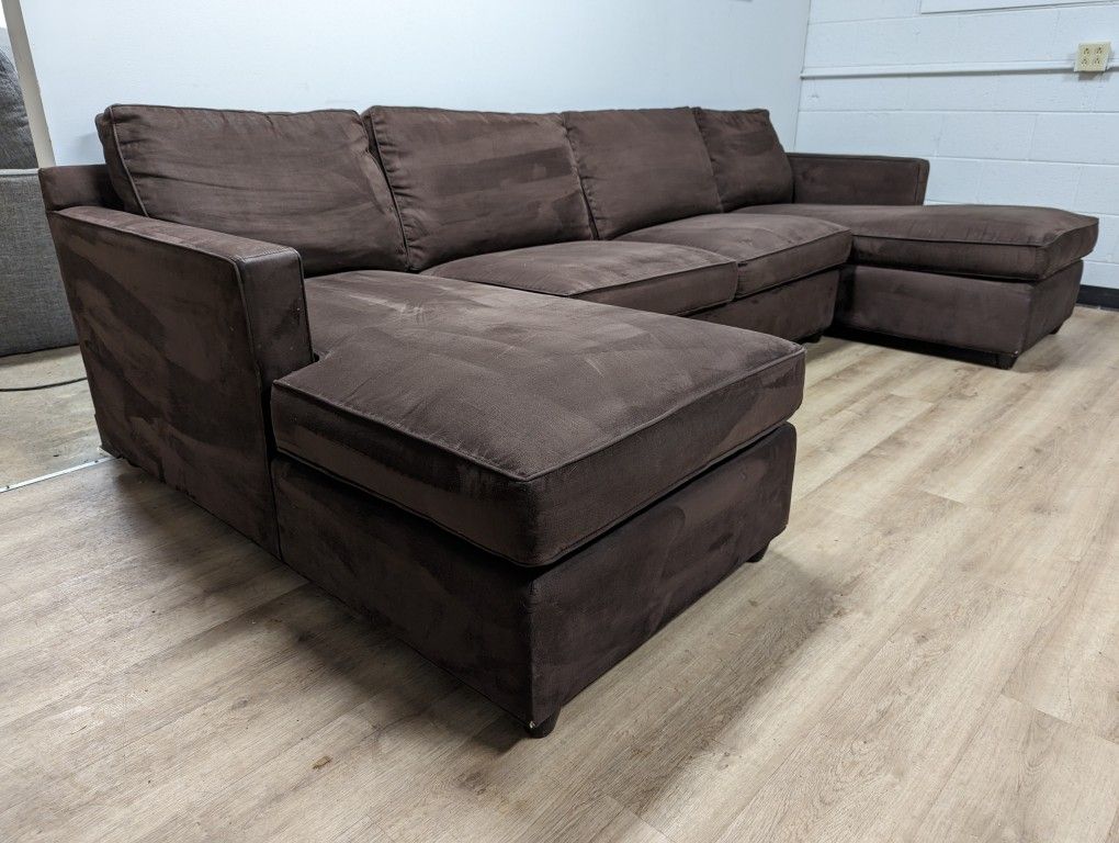 Dark Brown Microsuede Crate and Barrel Sectional with Pullout for Sale
