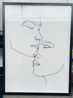 Framed Minimalist Line Art Print — Couple Faces Kissing, Black Frame, 19x26