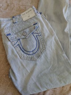 True Religion Light Wash Denim Jeans Ricky Straight Distressed Ripped