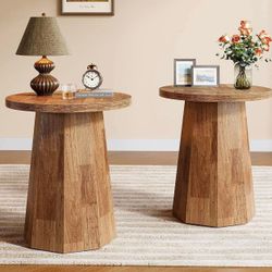 Set Of Two Round End Table, Wooden Couch Side Table with Octagonal Base, Rustic Brown Nightstand Pedestal Accent Furniture for Living Room, Bedroom