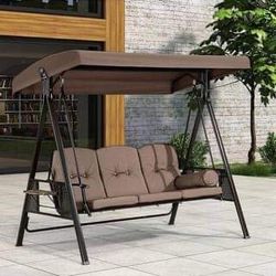 3-Person Steel Metal Patio Swing with Foldable Side Table,Canopy and Cushions,Brown