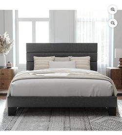 Full Size Platform Bed Frame with Fabric Upholstered Headboard, No Box Spring Needed, Dark Grey