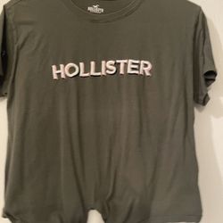 Hollister Olive Green Tie-Front Logo Tee with Pink/White Embroidery