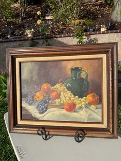 Beautiful 21” x 17” Framed Still Life Signed Painting Grapes Fruit Green Vase Art Wall Hanging Home Decor