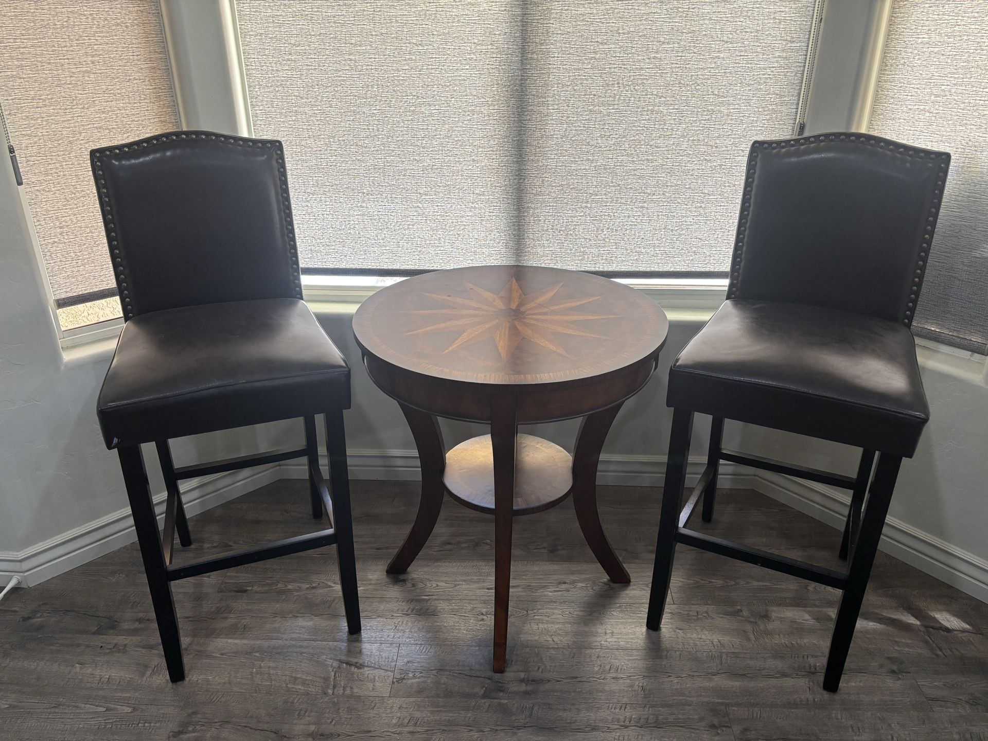 Round Wood Accent Table w/ 2 Leather Chairs