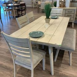"6 Piece White Sands Dining Table Set Brand New 1 Table/4Chairs/1Bench! ONLY$599!
"
