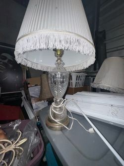 Vintage Crystal Table Lamps with Original Fringe Shades – Pair