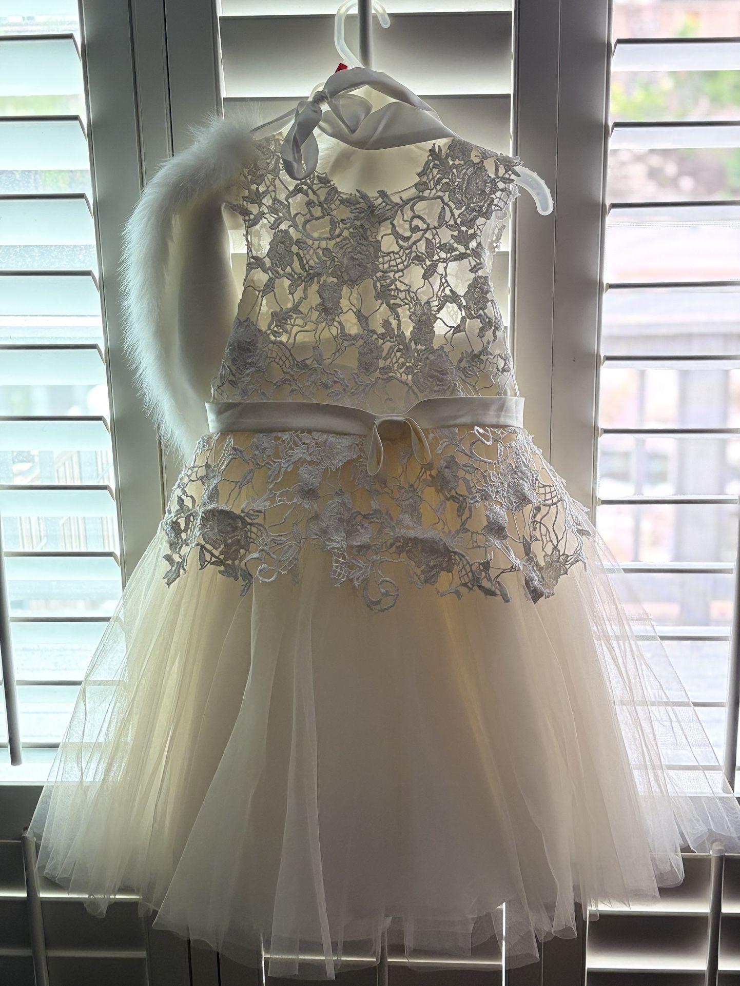 Ivory Lace Champagne Tulle Flower Girl Dress with Bow Belt