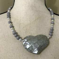 Unique Large Mosaic Mother of Pearl HEART Pendant Gray Bead Choker Necklace