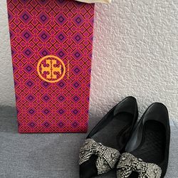 Tory Burch Esme Black Suede Rhinestones Flat Shoes Womens 8.5