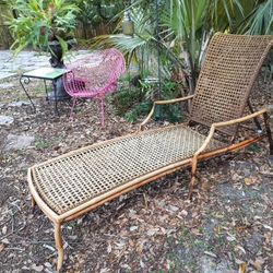 Vintage Faux Bamboo Pagoda Woven Webbed Metal Chaise Lounge Outdoor Chairs, Qty Of 2, 80.00 EACH